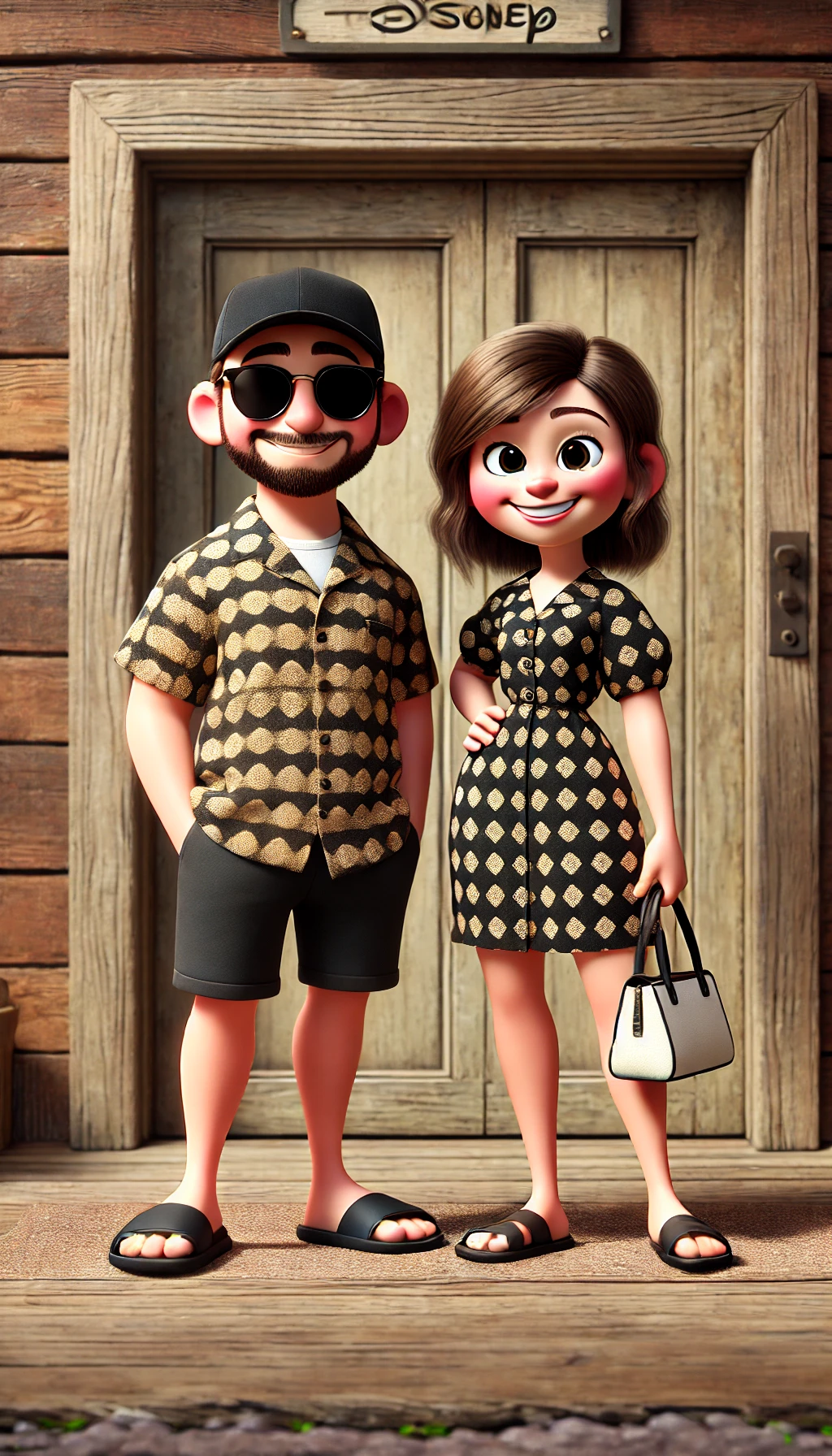 DALL·E 2025-01-12 00.08.57 - A Pixar-style 3D animated couple standing together and smiling in front of a rustic wooden door. The man is wearing a patterned short-sleeve button-up