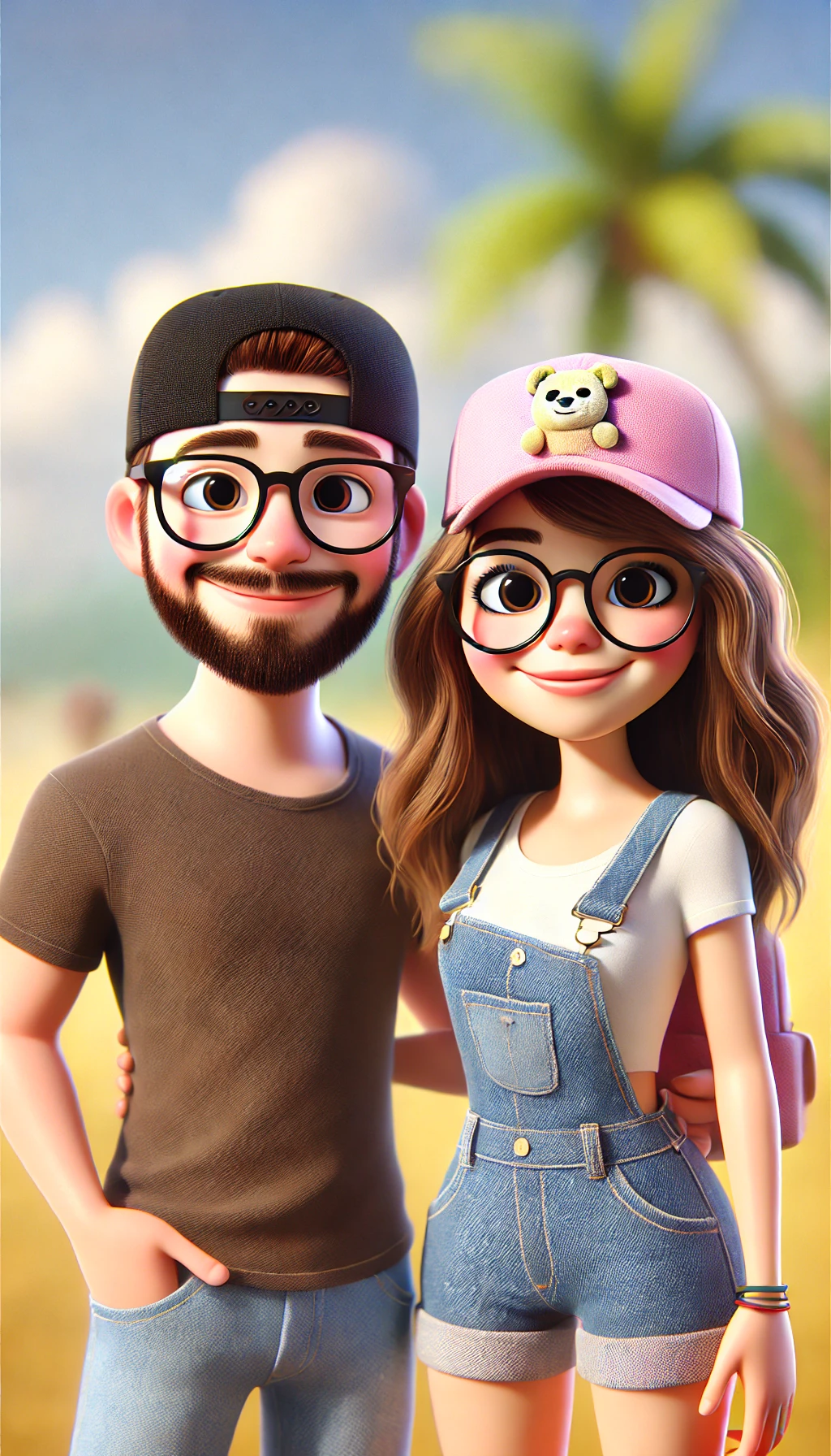 DALL·E 2025-01-12 00.22.22 - A Pixar-style 3D animated couple standing together and smiling on a sandy beach with a blurred tropical background. The man is wearing a black backwar