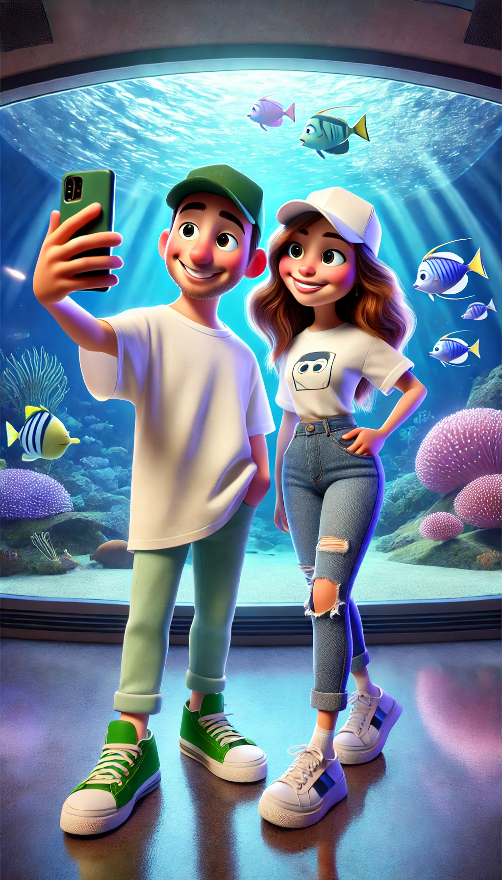 DALL·E 2025-01-12 00.53.32 - A Pixar-style 3D animated couple taking a selfie in front of a large aquarium. The man has a casual oversized white t-shirt, light blue jeans, green s