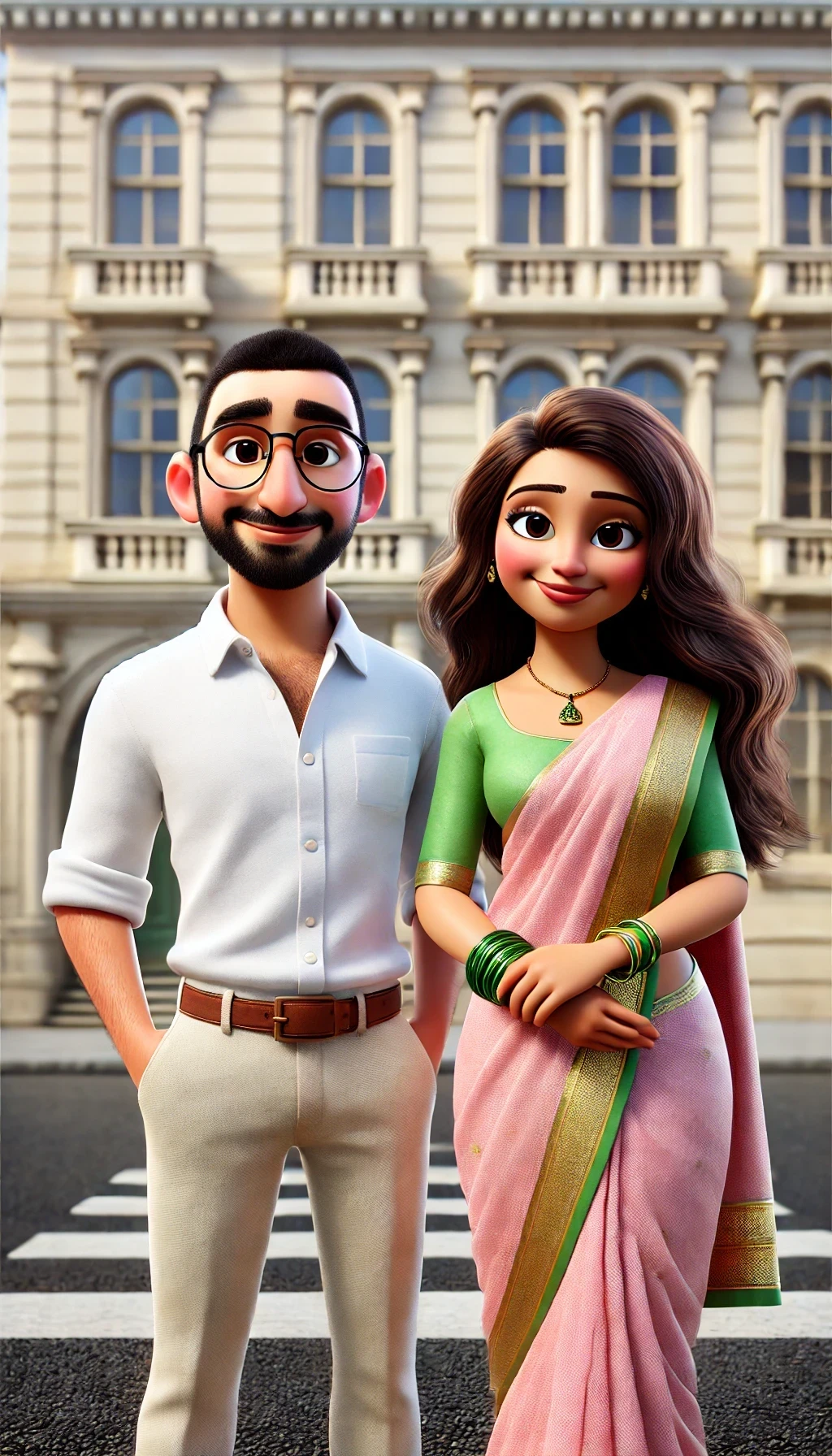 DALL·E 2025-01-13 09.33.47 - A Pixar-style 3D animated couple standing together and smiling in front of a classic building with windows. The man is wearing a white short-sleeve bu